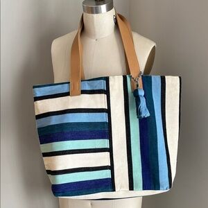 Mercado Global Striped Canvas Tote Bag with leather straps blue cream black